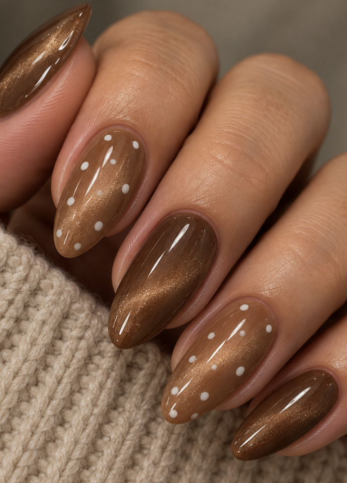 Long almond nails with caramel brown cat eye shimmer, white polka dot accents and glossy finish.