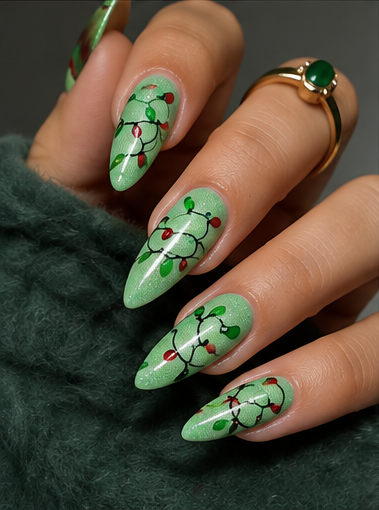 Long almond nails with shimmering mint green polish and hand-painted red and green Christmas string lights.