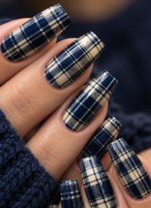Long square nails featuring glossy navy blue plaid with cream, beige and muted blue intersecting stripes.