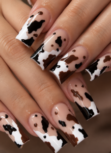Long almond nails with nude bases, ivory cow-print French tips, chocolate patches and amber detailing.